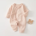 Baby girl light pink long sleeve cotton romper with jacquard texture and ribbon tie - 52cm / Orange Pink