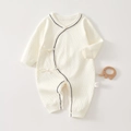 Creamy white 100% cotton newborn romper with blue scalloped trim and wood elephant toy - 52cm / Milk White
