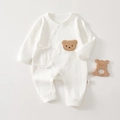 Newborn ribbed cotton romper in cream white with a cute brown plush bear patch - White / 52cm