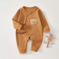Newborn cotton ribbed romper in mustard yellow with a cute 3D plush bear patch - Coffee / 52cm
