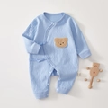 Light blue cotton waffle knit baby jumpsuit with cute brown plush bear embroidery - Blue / 52cm