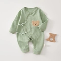 Green long sleeve cotton newborn romper with bear patch and side bow tie closure - Green / 52cm