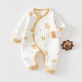 Detail of newborn cotton quilted romper featuring yellow trim and cute angel bear prints - Yellow Little Angel / 52cm