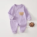 Light purple newborn ribbed cotton romper featuring a cute brown bear patch and bow ties - Purple / 52cm