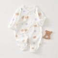 White cotton infant romper with brown bear print and side tie closure for newborn baby - Button Bear