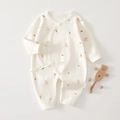 Infant long sleeve cotton bodysuit with cute cartoon bear print and side tie closure - Mushroom Bear Rabbit