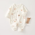 Ivory long-sleeve baby romper with cute bear print and side bows in soft cotton - Tree Bear Rabbit