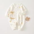 Newborn cotton romper in beige with yellow moon and stars print and side ties - Size 66 / Star Moon Print (5760404949639)