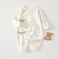 Newborn cream cotton romper with green leaf print and ribbon ties in a flat lay view - Size 66 / Sprout Print (5760404949642)
