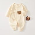 Barboteuse nouveau-né en coton côtelé crème avec liens et motif ours en peluche - 66 / Ours Jaune Uni
