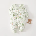 Blumiger Baby-Strampler aus Baumwolle mit grünem Peter-Pan-Kragen und Spitze - Größe 59 / Grüner Garten