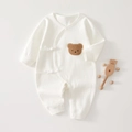 White ribbed cotton long sleeve baby bodysuit featuring a cute brown plush bear patch - White Embroidered Bear