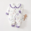 Baby-Baumwollstrampler mit lila Rüschenkragen und niedlichem Bären-Blumenmuster - Größe 59 / Traumhafter Lila Bär