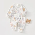 Floral print baby cotton bodysuit with rabbit pattern and side tie closure in off-white - Flower Rabbit