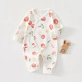 White cotton long sleeve baby romper with cherry print and side tie closure design - Red Cherry