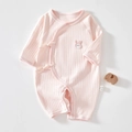Pink rib-knit cotton newborn romper featuring long sleeves and a cute rabbit patch - Size 66 / Solid Pink Rabbit