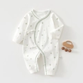 White long-sleeved cotton baby romper featuring green floral patterns and tie-up closure - Green Small Flower