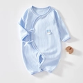 Light blue newborn ribbed cotton romper with cute rabbit patch and side tie closure - Solid Blue Rabbit