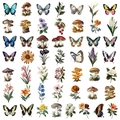 Detailansicht von 49 Vintage-Schmetterlings- und Pilzaufklebern in einem Gitterlayout - Vintage Schmetterling