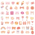 Vue détaillée de 50 autocollants mignons en PET rose avec motifs de chats et desserts - Chérie Rose