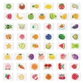 Dettaglio di 48 adesivi di frutta in stile cartone animato con colori pastello su carta PET - Confezione di Adesivi per Caramelle