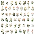 Dettaglio di 48 adesivi floreali vintage in PET con illustrazioni botaniche ad acquerello - Fiore Sui Rami (Confezione da 50)