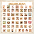 Griglia di 49 adesivi alimentari vintage con illustrazioni di dolci e snack carini - Serie Dessert Gourmet