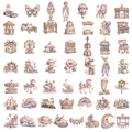 Detailed set of 50 vintage pink PET stickers featuring dream carousel and ferris wheel motifs - Dreamy Amusement Park Theme