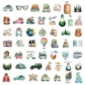 Set mit 49 Aquarell-Reiseaufklebern mit Retro-Bussen, Zelten und Globen für Gepäck - Outdoor Reise Stil