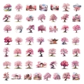 Detailed grid of 49 watercolor stickers featuring pink cherry trees and Japanese pagodas - Watercolor Cherry Tree PET Sticker Pack