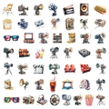 Detailed grid of 50 vintage watercolor movie projector and cinema stickers on white background - Watercolor Movie Projector Style