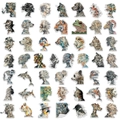 Close-up of 49 unique mosaic art PET stickers featuring historical portraits and animals - Portrait Collage Style / 50 Pcs