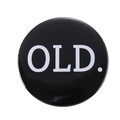 Classic round metal pin badge in black finish with bold white OLD. lettering design - OLD. Black Badge Style(MXZ111)
