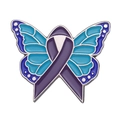Blue butterfly enamel pin with purple ribbon awareness symbol in silver metal finish - Blue Butterfly Ribbon (xz8914)