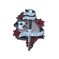 Possum enamel pin with sword and roses featuring Live Fast Eat Trash Scream text - Opossum Sword Rose Style (XZ8468)