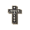 Pin de cruz en negro y dorado con texto Jesus Saves en blanco y diseño de metal - Forma de Cruz (XZ8494)
