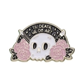 Blumen-Totenkopf Emaille-Pin mit Til Death We Do Art Text und rosa Rosen Hintergrund weiß - Schwarzer Artistischer Totenkopf Stil (xz8867)