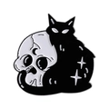 Gothic black cat and skull enamel pin with crescent moon and star details - Cat Hugging Skull (QHXZ3727)
