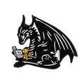 Enamel pin featuring a black dragon reading a book with a yellow baby dragon - Reading Black and Yellow Dragons (QHXZ3713)
