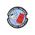 Spilla smaltata rotonda con dadi alati e capsula con scritta Devils Roll The Dice - Stile Dadi del Diavolo Angelo Ruota gli Occhi (QHXZ3116)