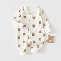 Detail of ribbed cotton baby romper featuring brown bear prints and snap button closure - Size 59 / Cute Bear Pattern