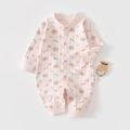 Detail of pink long-sleeve baby romper with tomato print and ribbed snap closures - Size 59 / Pink Tomato Pattern