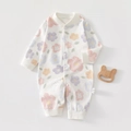 Detail of baby cotton romper featuring cartoon rabbit print and snap button closure - 59 / Flower Rabbit