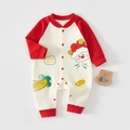 Detailed view of baby cotton romper with red sleeves and festive cartoon prints - Size 59 / Red New Year Duck