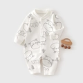 Close-up of cream cotton baby romper with cartoon hippos and snap button closure - 59 / Cute Hippo (Ribbed Neck)