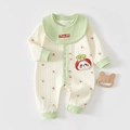 Detail of baby cotton romper featuring panda patch, large collar, and paw print patterns - Size 59 / Panda Footprints