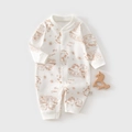 Detailed view of baby romper featuring brown bear prints and snap button closure - 59 / Bear Alphabet (Ribbed Neck)