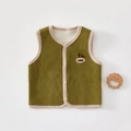 Detail of baby fleece vest in green with pink piping and rabbit embroidery - Green / Size 66