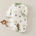 Padded baby winter romper with panda prints and green balloon on beige background - Size 59 / Panda Paradise
