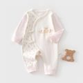 Detail of newborn floral cotton romper featuring side-tie design and cute bear print - 66 / Floral Bear Pink